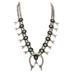 Vintage Navajo Silver and Turquoise Native American Squash Blossom Necklace