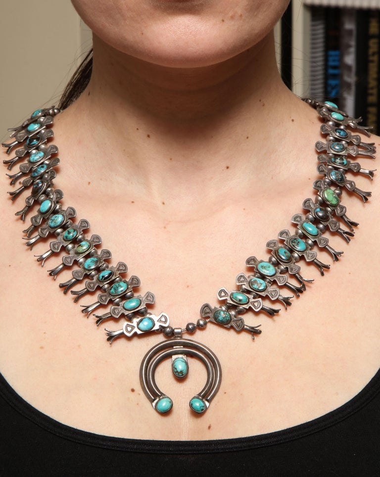 Artist Vintage Navajo Silver and Turquoise Squash Blossom Necklace by Eskie Tsosie For Sale