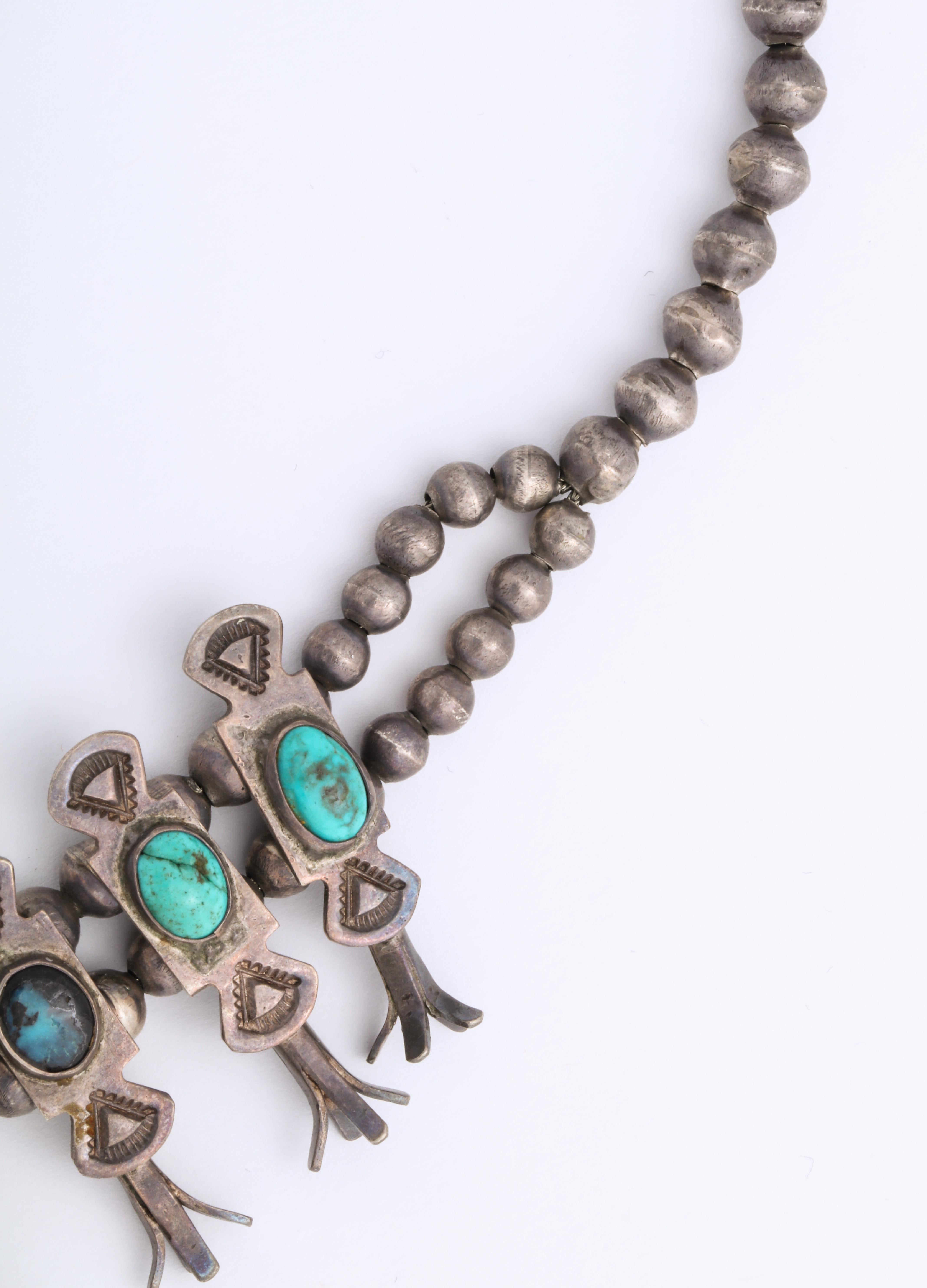 Artist Vintage Navajo Silver and Turquoise Squash Blossom Necklace by Eskie Tsosie For Sale