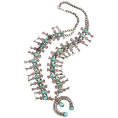 Used Navajo Silver and Turquoise Squash Blossom Necklace by Eskie Tsosie