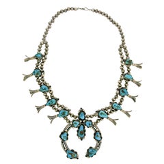 Vintage Navajo Silver Squash Blossom the Naja Turquoise Large Statement Necklace