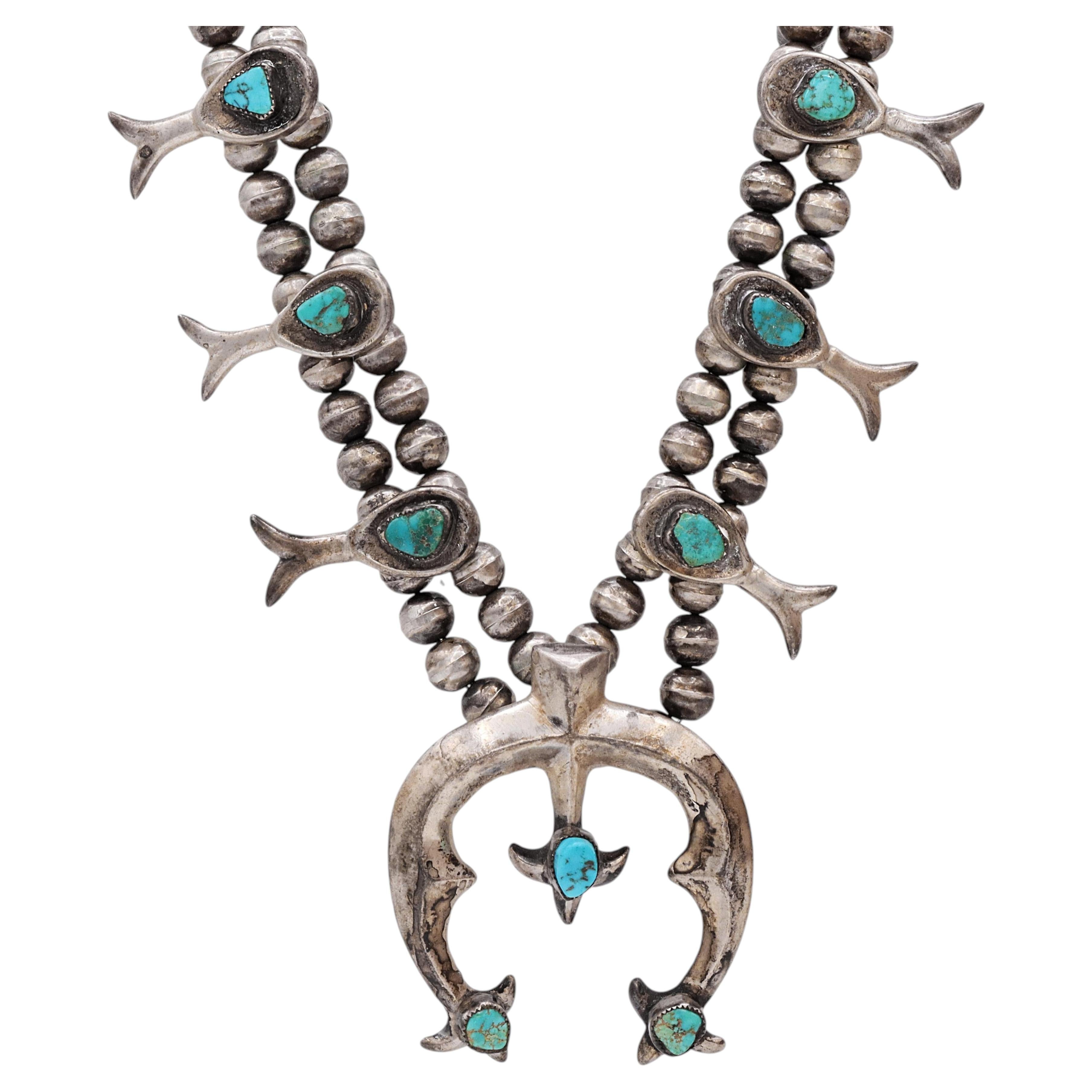 Vintage Navajo Silver Turquoise Squash Blossom Necklace For Sale