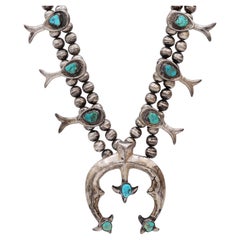 Vintage Navajo Silver Turquoise Squash Blossom Necklace