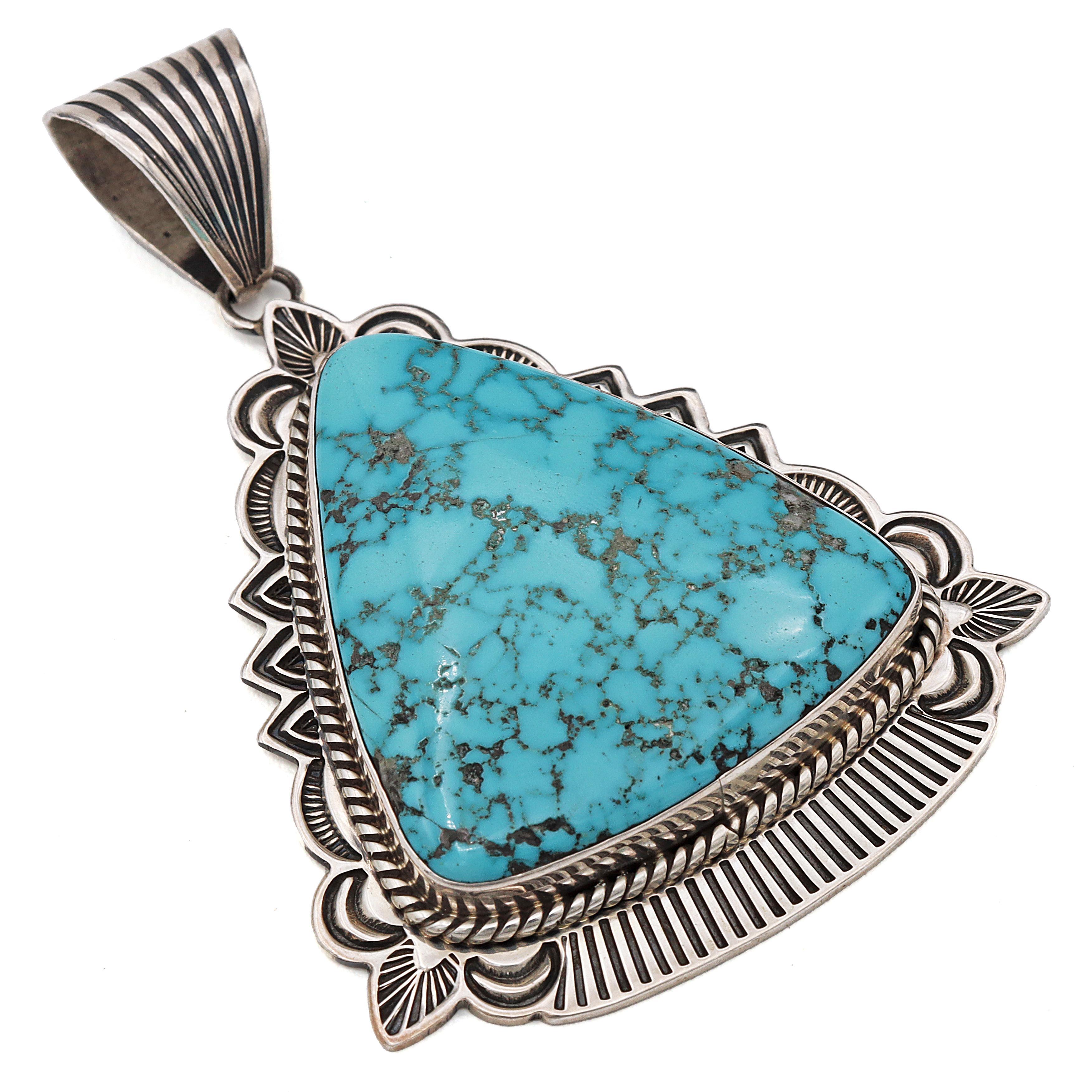 Cabochon Vintage Navajo Southwestern Artist Signed Sterling Silver Turquoise Pendant in vendita