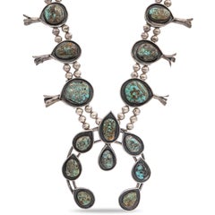 Vintage Navajo Southwestern Sterling Silver Turquoise Squash Blossom Necklace