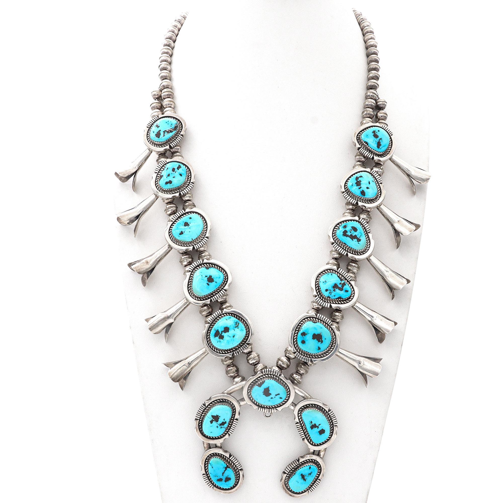 Cabochon Vintage Navajo Southwestern Sterling Silver Turquoise Squash Blossom Necklace For Sale
