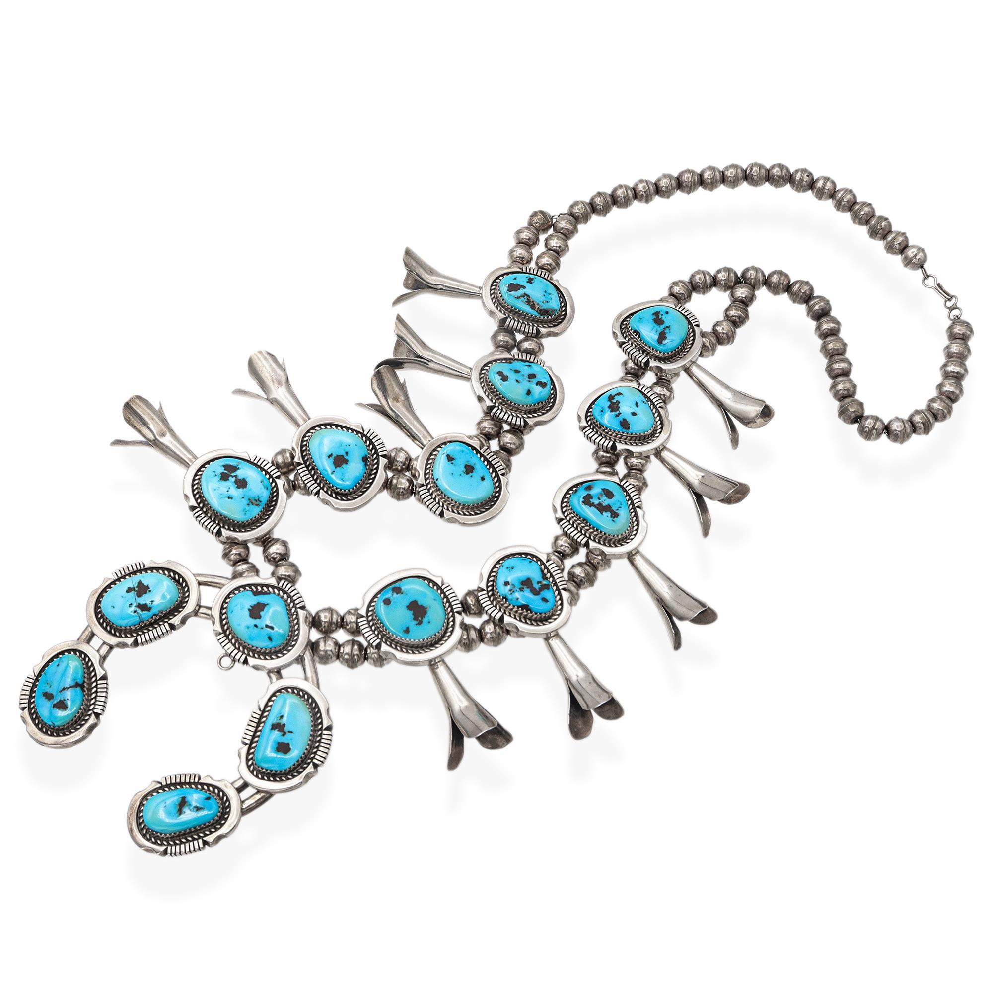 Vintage Navajo Southwestern Sterling Silver Turquoise Squash Blossom Necklace In Good Condition For Sale In New York, NY