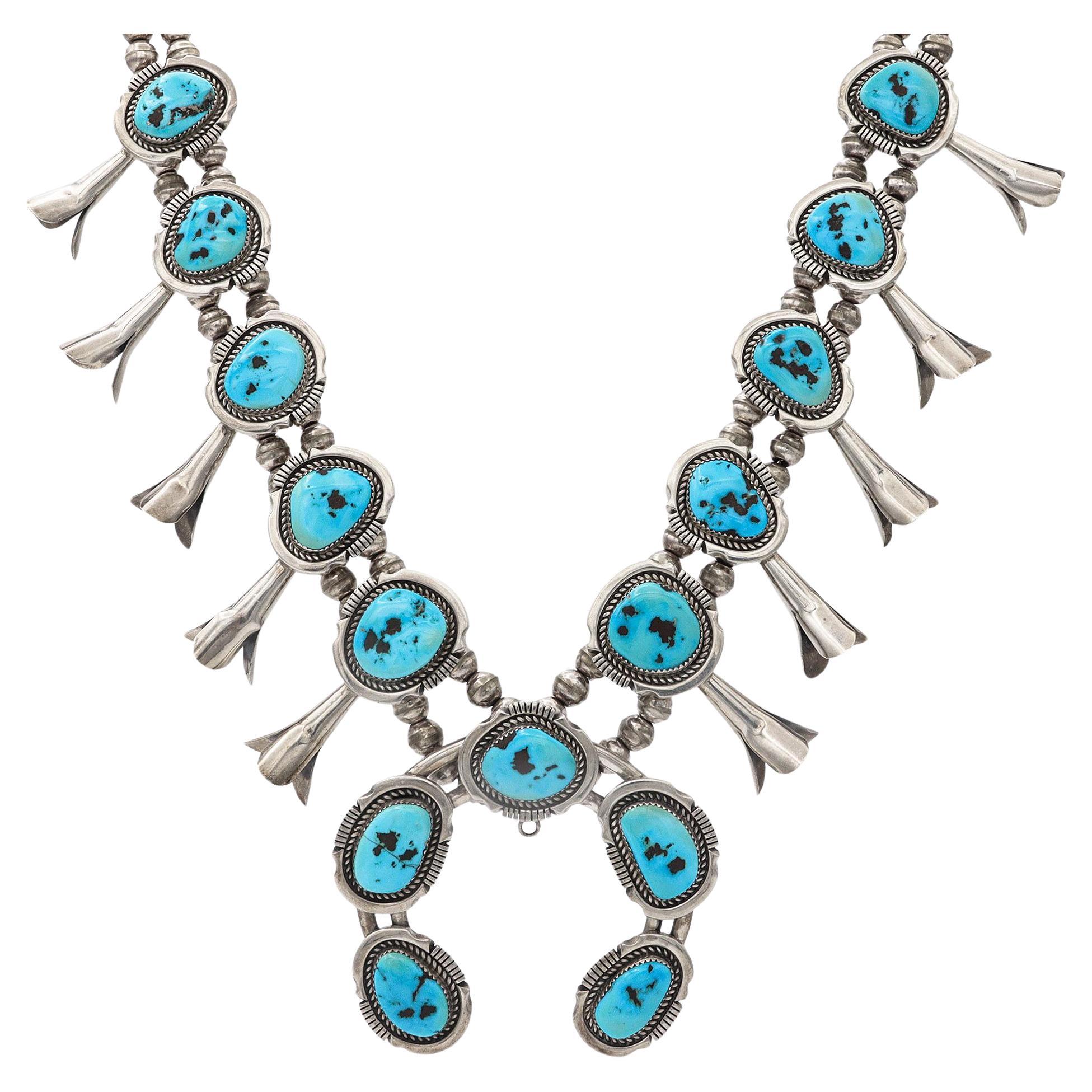 Vintage Navajo Southwestern Sterling Silver Turquoise Squash Blossom Necklace For Sale