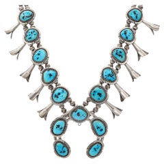Vintage Navajo Southwestern Sterling Silver Turquoise Squash Blossom Necklace