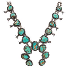 Vintage Navajo Southwestern Sterling Silver Turquoise Squash Blossom Necklace
