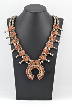 Vintage Navajo Squash Blossom Necklace Sterling Silver & Red Coral Cluster Naja
