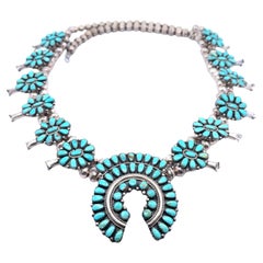 Collier pendant vintage Navajo Squash Blossom en argent sterling et turquoise