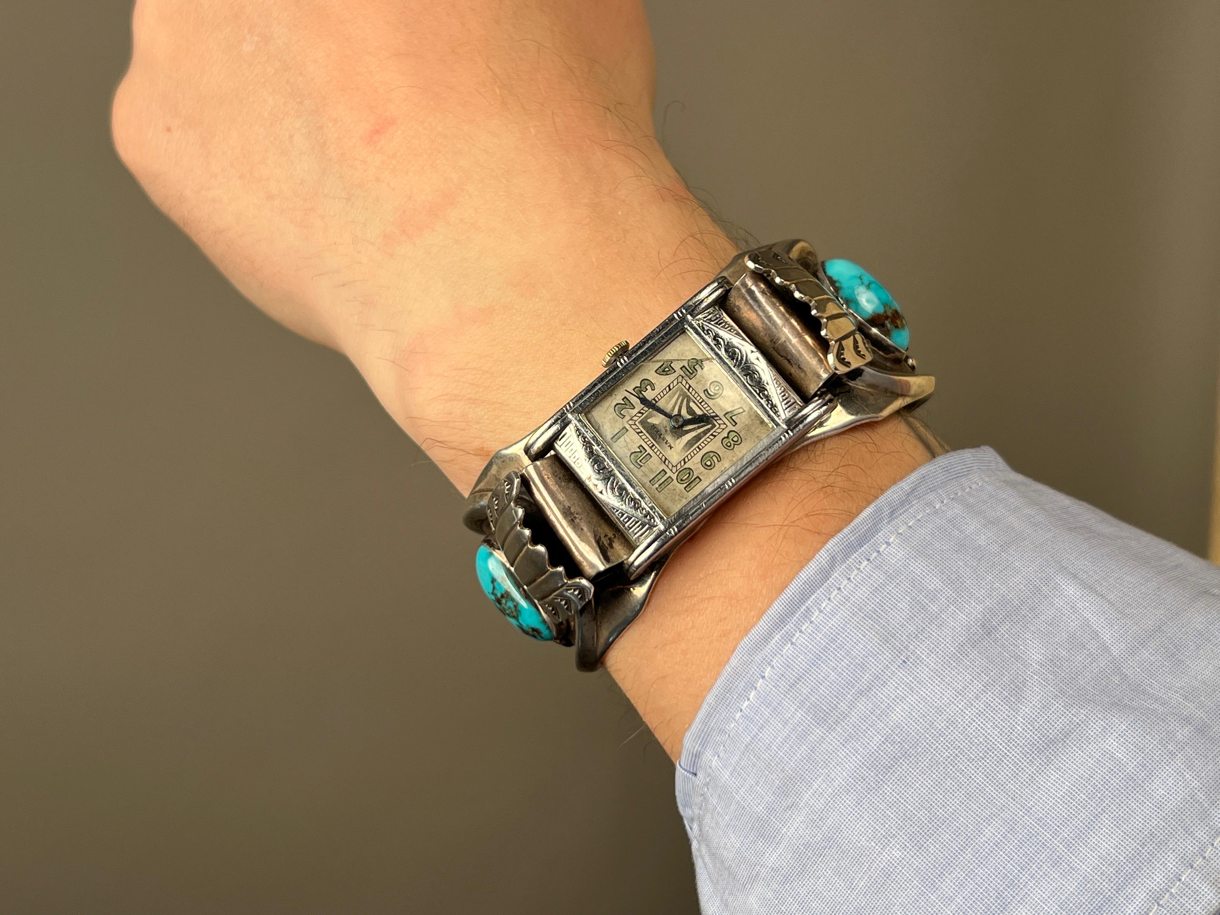 Native American Vintage Navajo Sterling Bracelet Watch Cuff Mid 20th c. For Sale