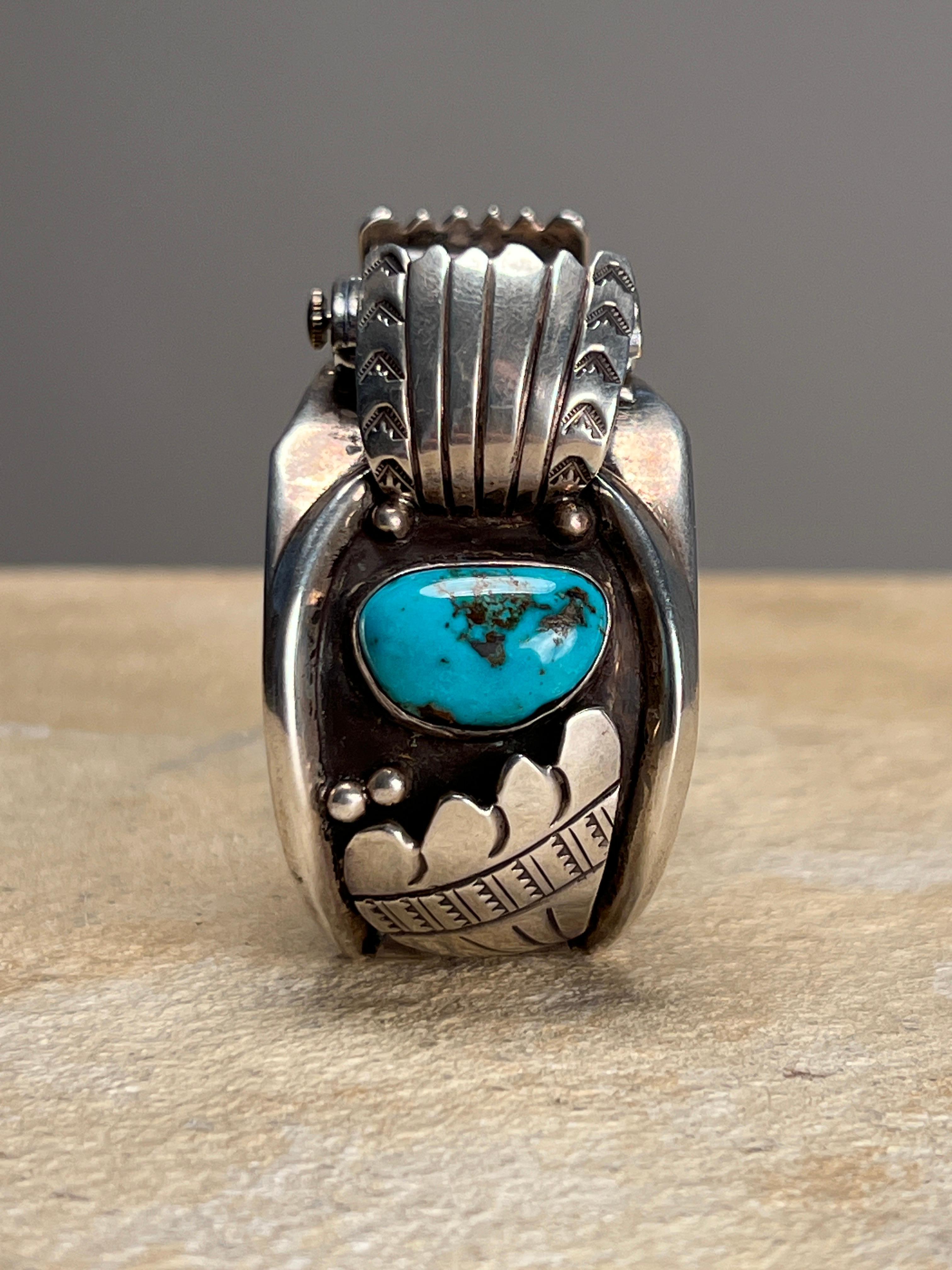 Cabochon Vintage Navajo Sterling Bracelet Watch Cuff Mid 20th c. For Sale