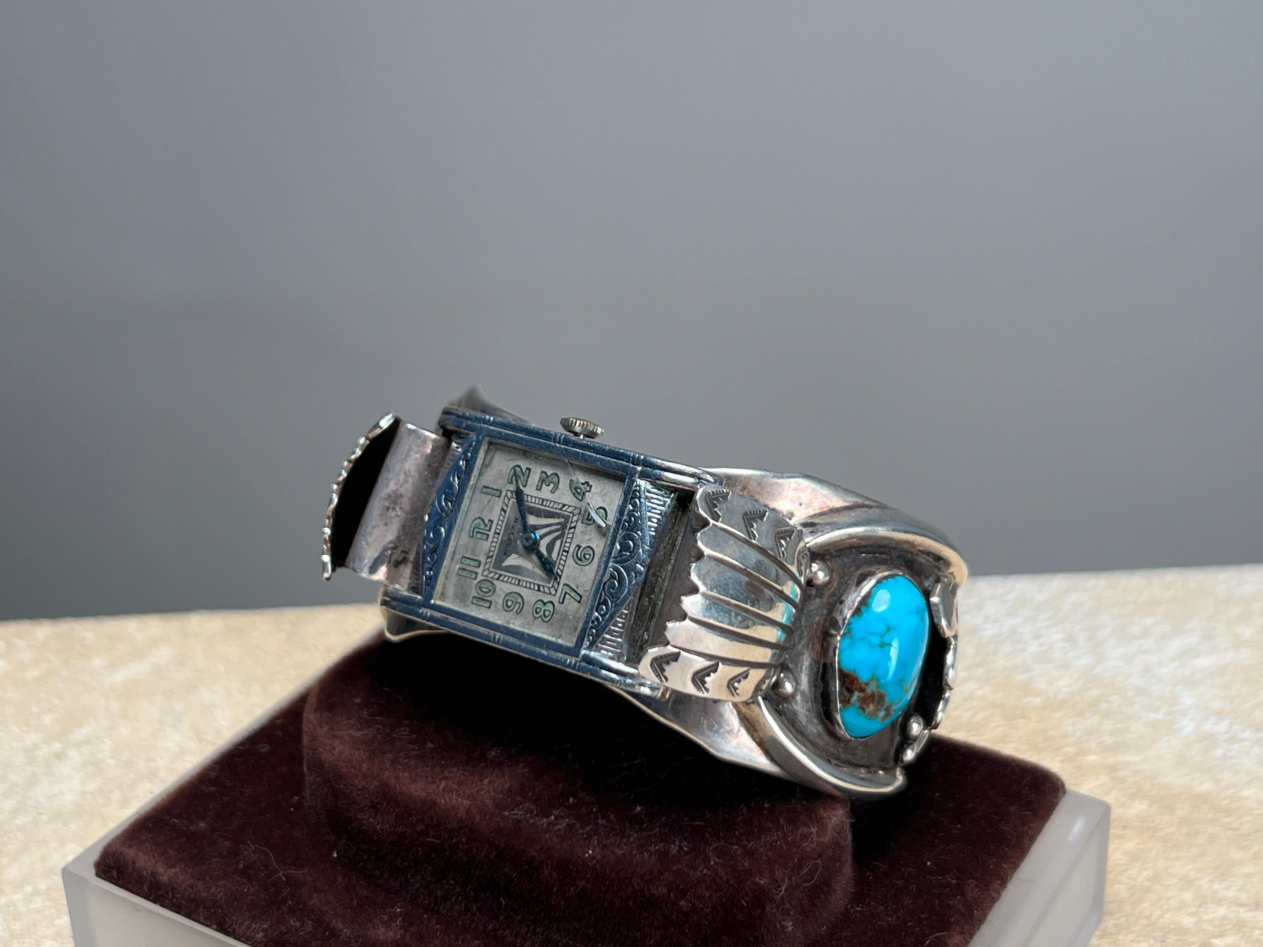 Women's or Men's Vintage Navajo Sterling Bracelet Watch Cuff Mid 20th c. For Sale