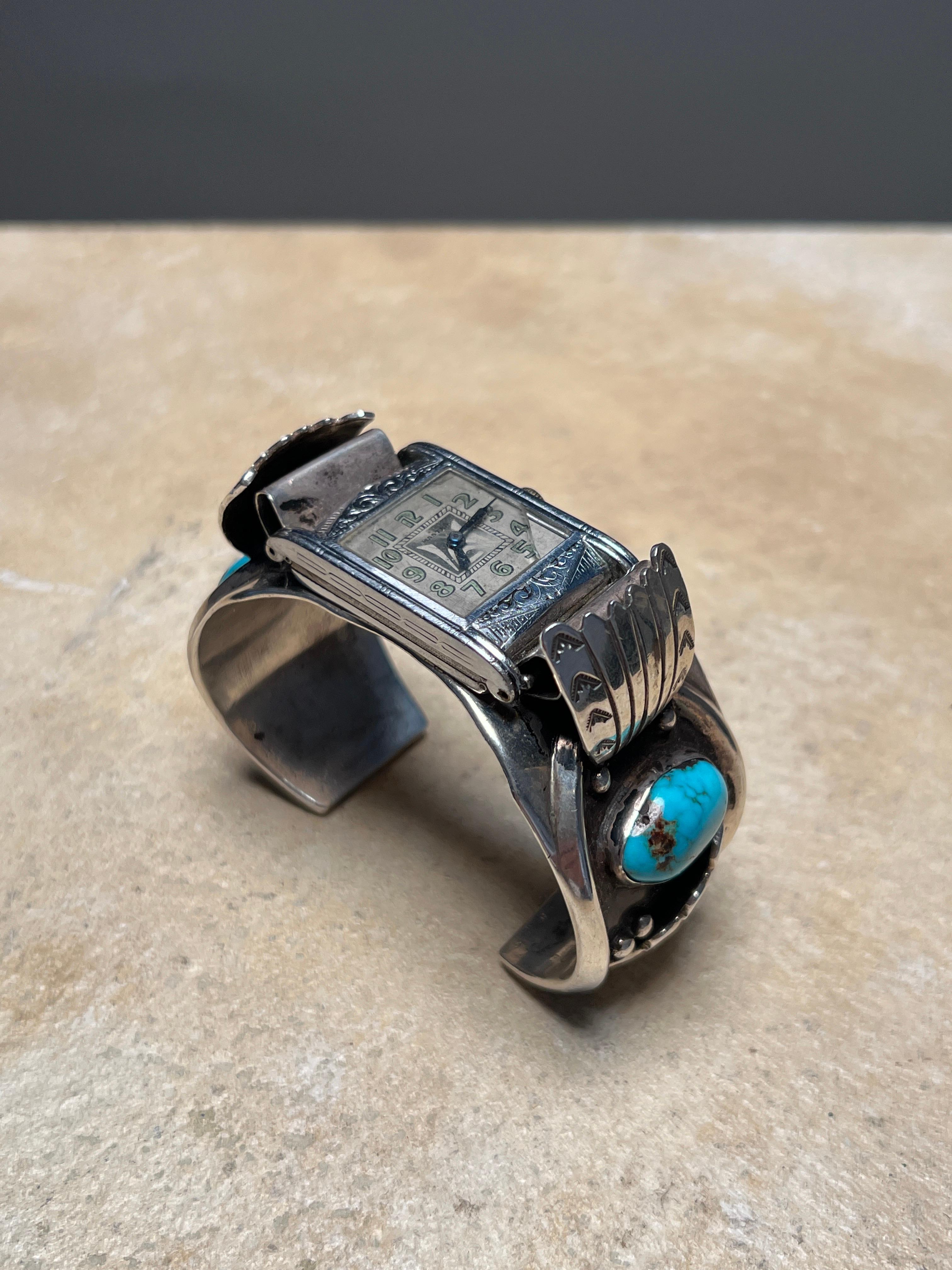 Vintage Navajo Sterling Bracelet Watch Cuff Mid 20th c. For Sale 1