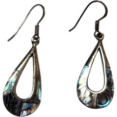 Vintage Navajo Sterling Silver and Abalone Inlay Teardrop Dangle Earrings