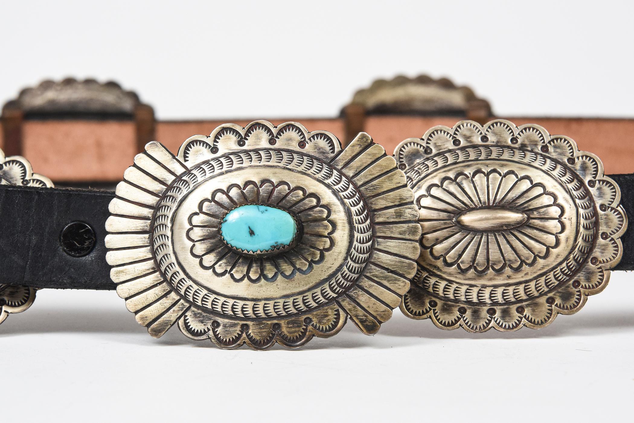 Vintage Navajo Sterling Silver and Turquoise Concho Belt  In Good Condition For Sale In Miami Beach, FL