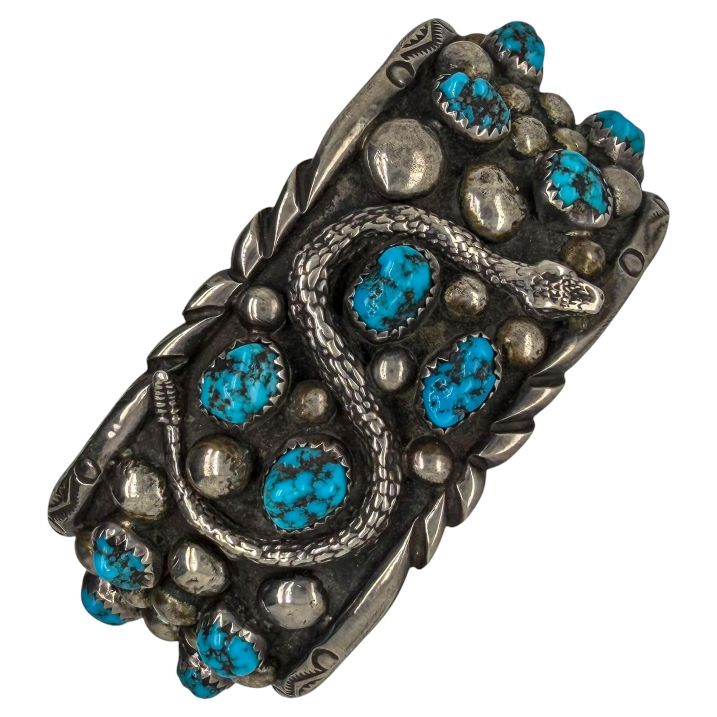 Vintage Navajo Sterling Silver and Turquoise Snake Cuff Bracelet, Signed JJ For Sale