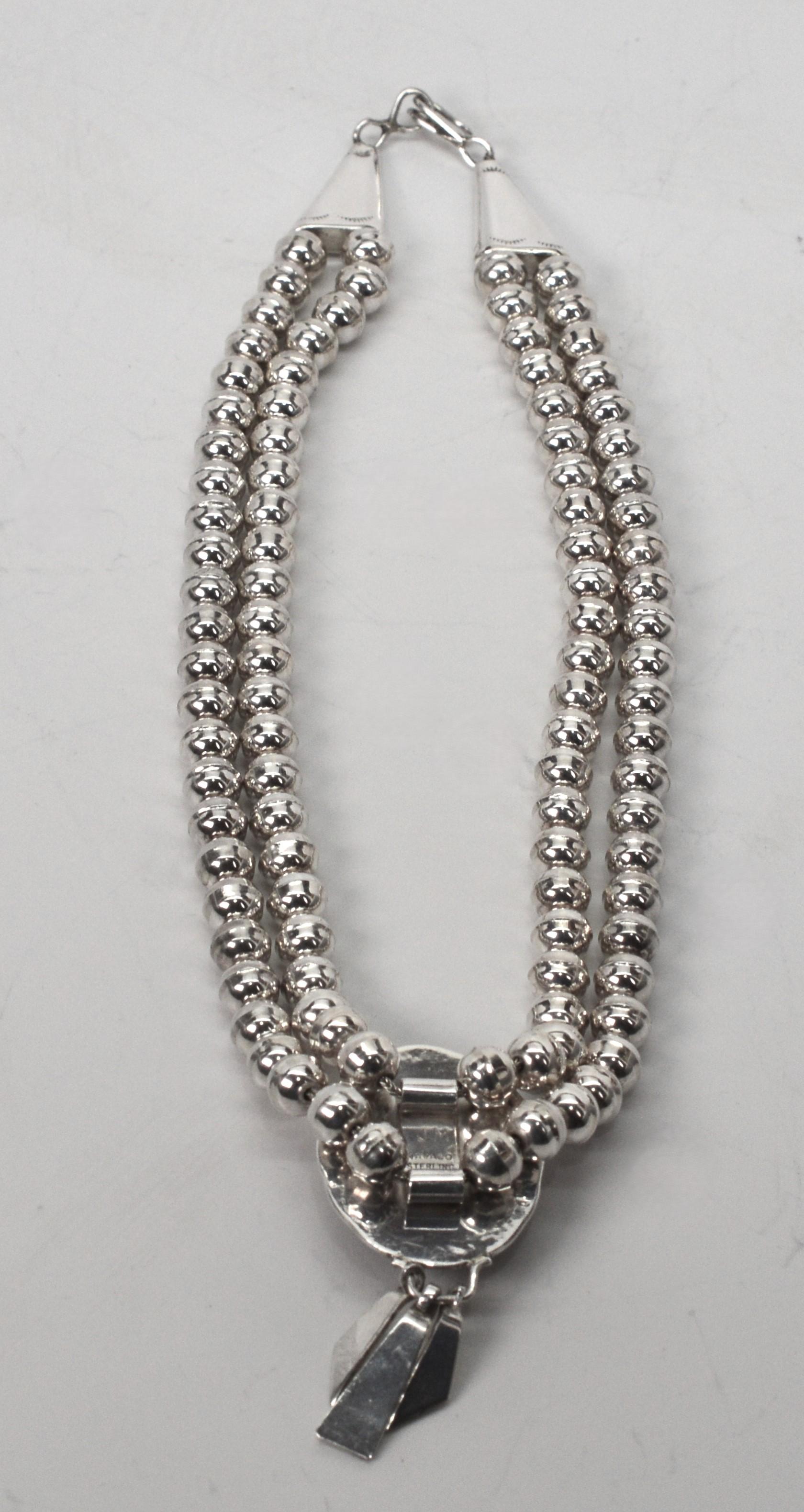 Women's Vintage Navajo Sterling Silver Beaded Necklace w Onyx Pendant For Sale