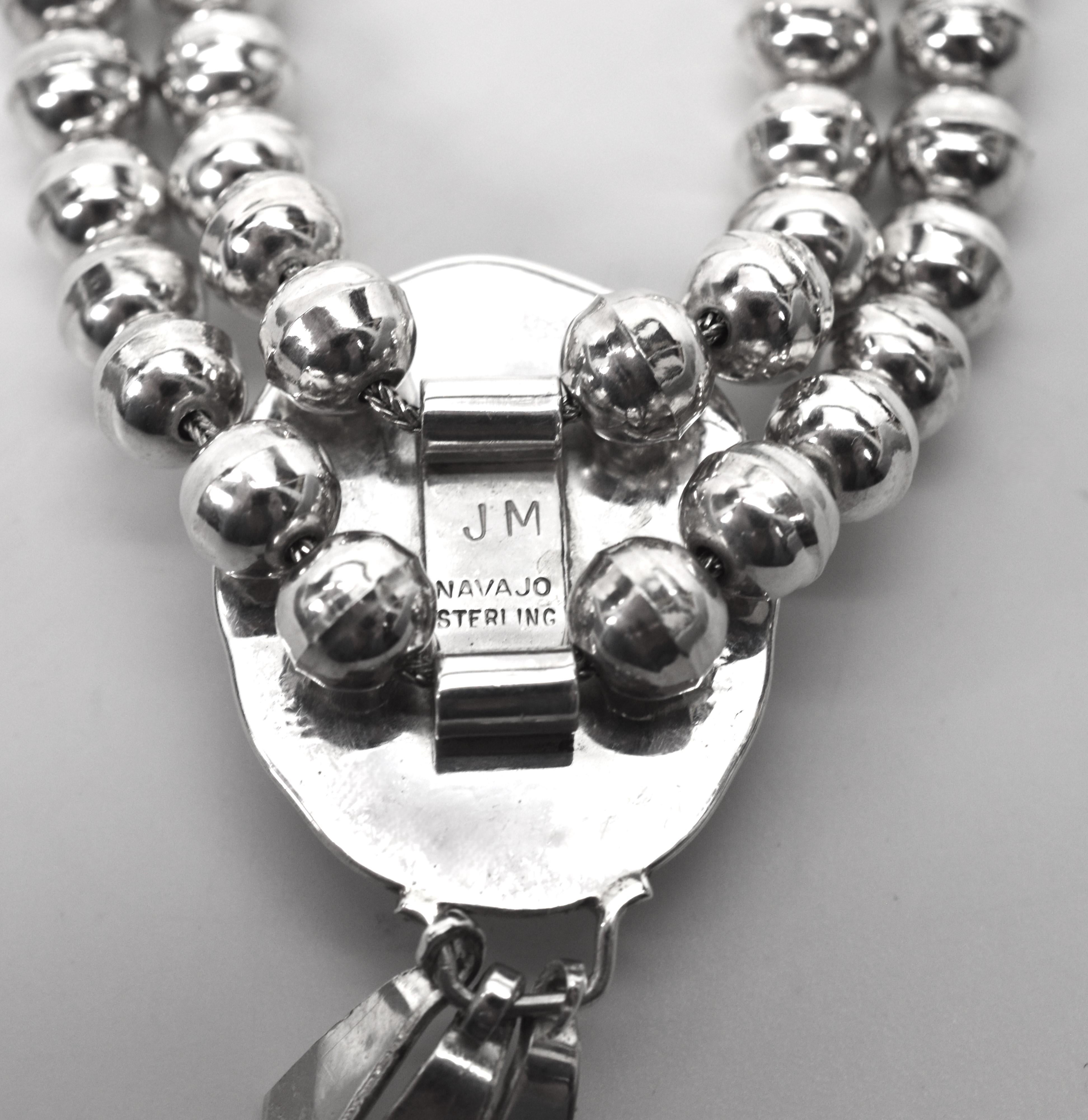 Vintage Navajo Sterling Silver Beaded Necklace w Onyx Pendant For Sale 1