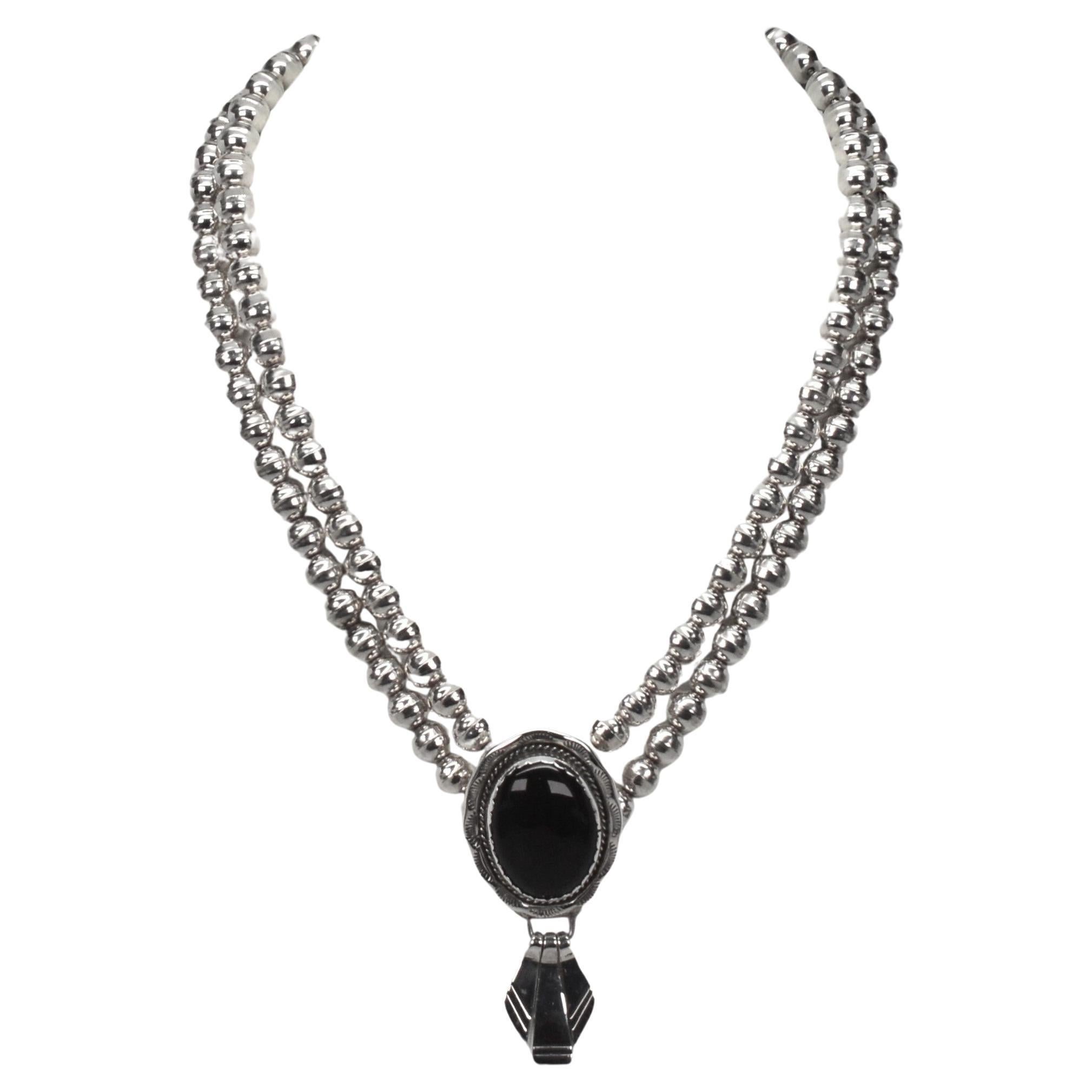 Vintage Navajo Sterling Silver Beaded Necklace w Onyx Pendant