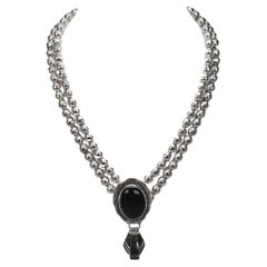 Vintage Navajo Sterling Silver Beaded Necklace w Onyx Pendant