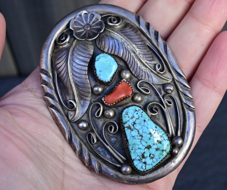 Vintage Navajo Sterling Silver Belt Buckle with Turquoise and