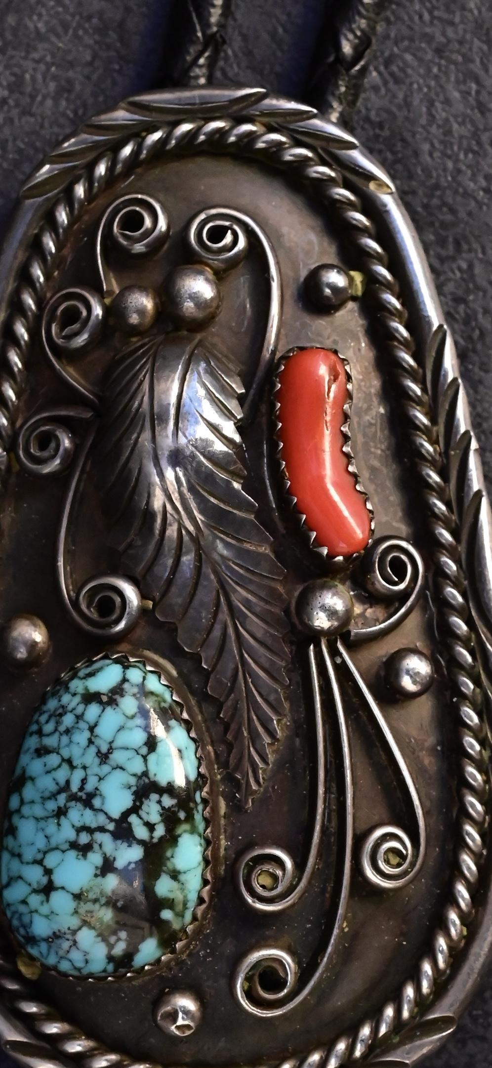 Native American Vintage Navajo Sterling Silver Bolo Tie with Turquoise & Coral For Sale