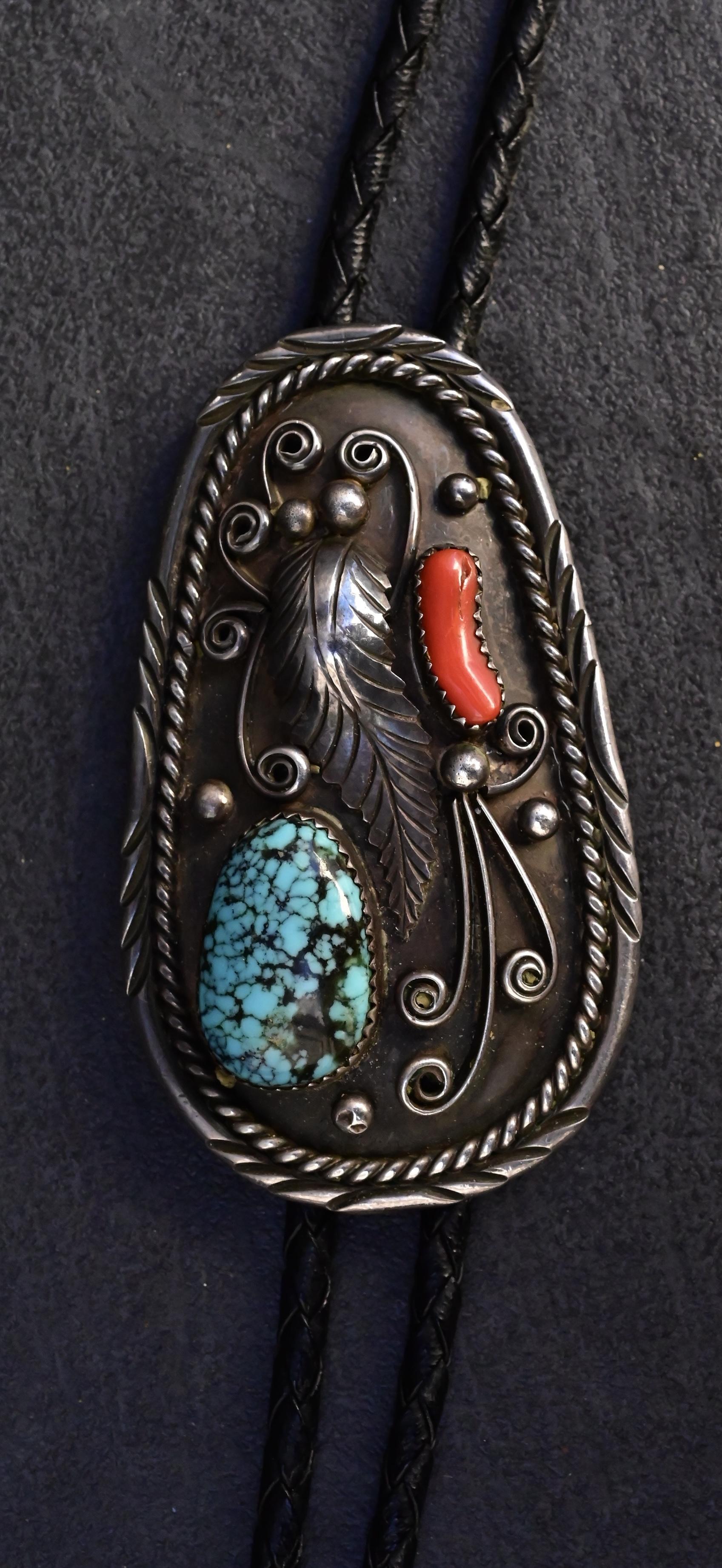Tumbled Vintage Navajo Sterling Silver Bolo Tie with Turquoise & Coral For Sale