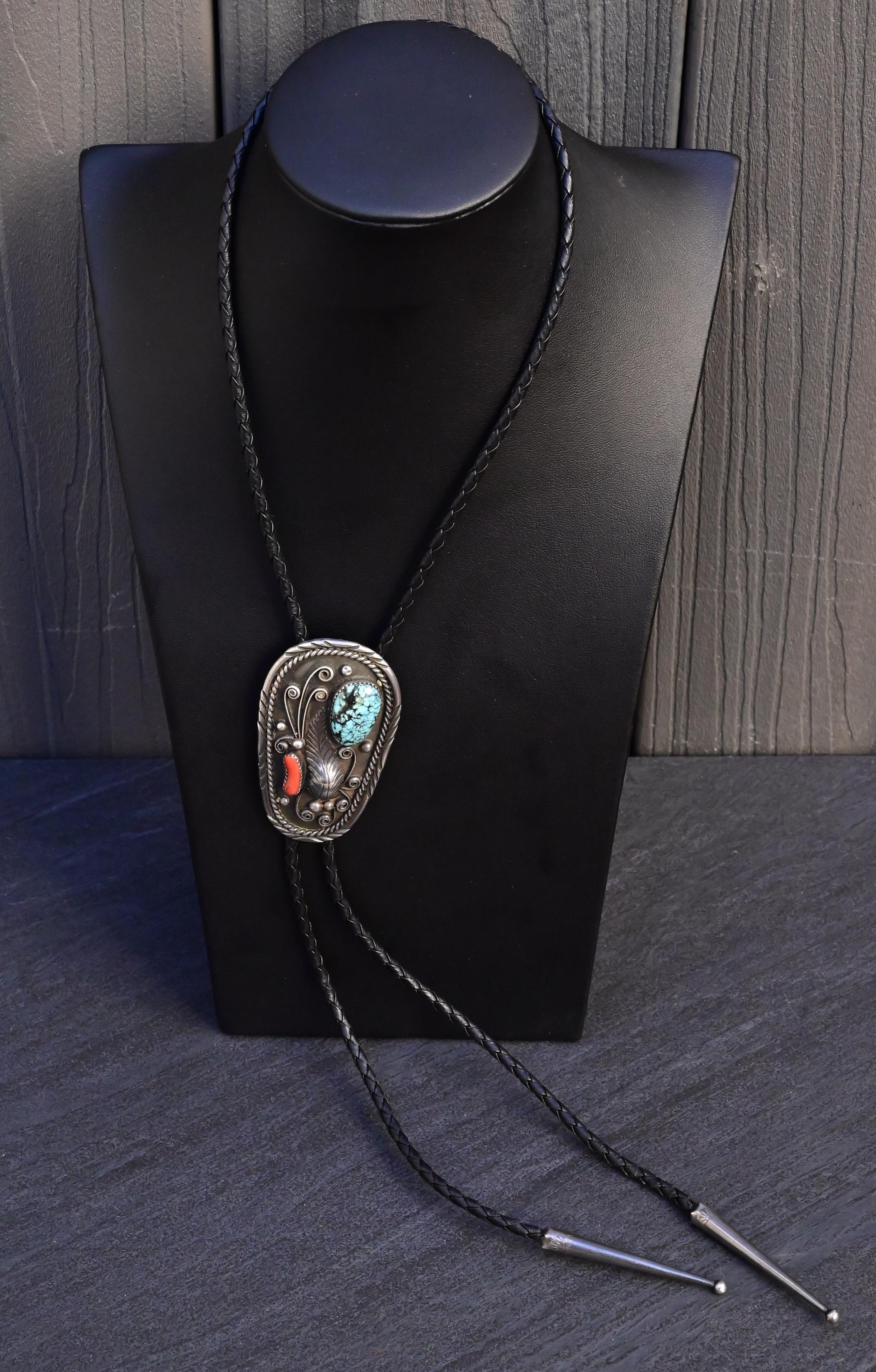 Vintage Navajo Sterling Silver Bolo Tie with Turquoise & Coral For Sale 1