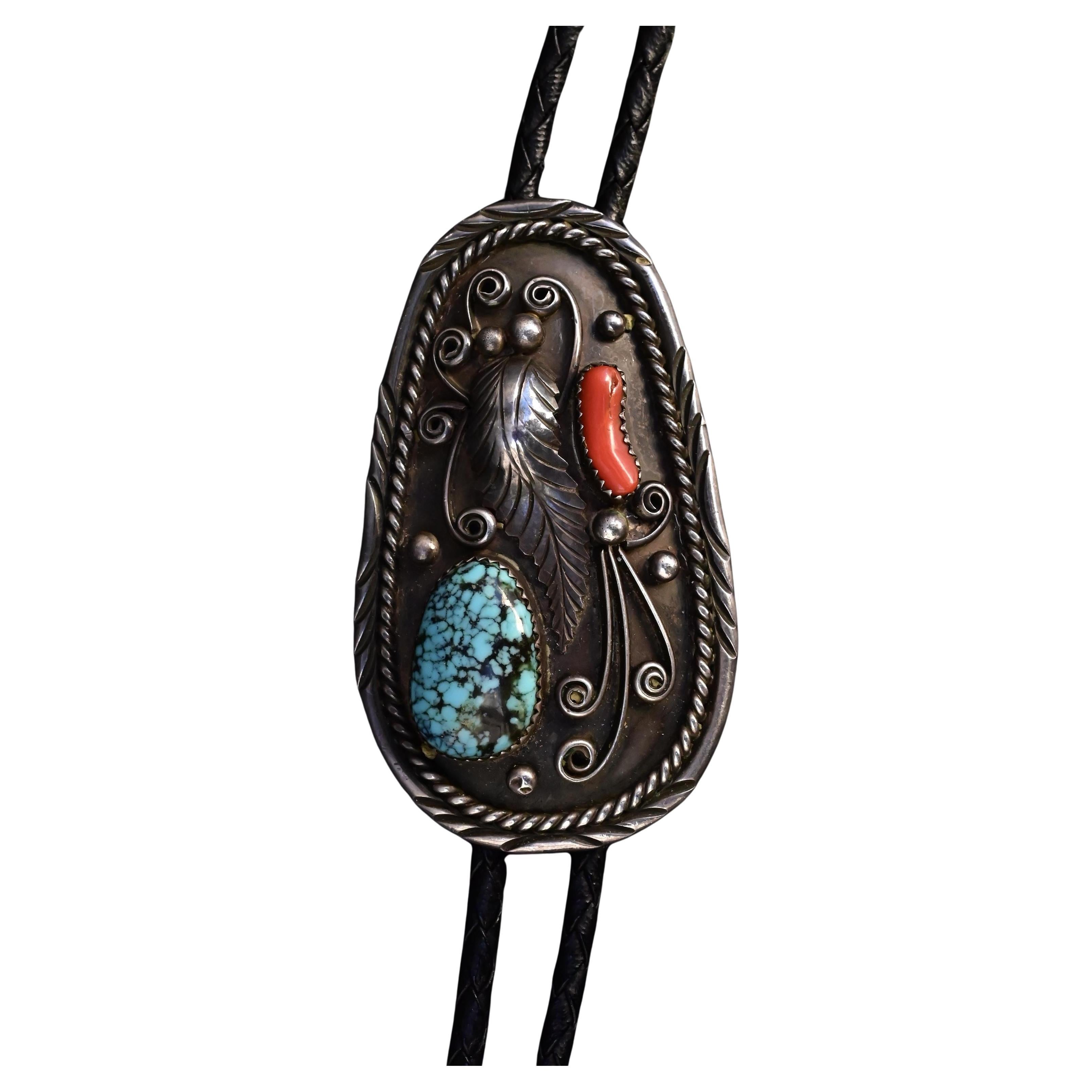 Vintage Navajo Sterling Silver Bolo Tie with Turquoise & Coral