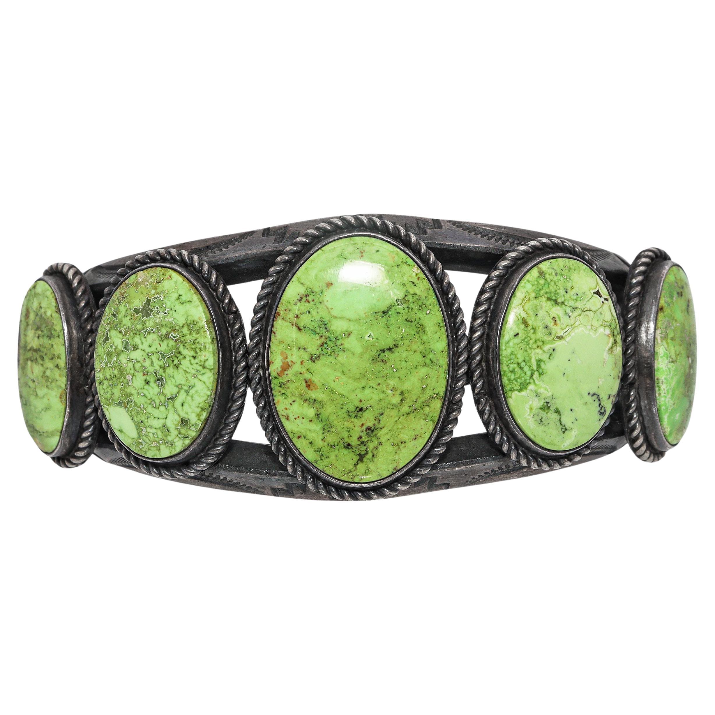 Vintage Navajo Sterling Silver Green Turquoise Five-Stone Cuff Bracelet