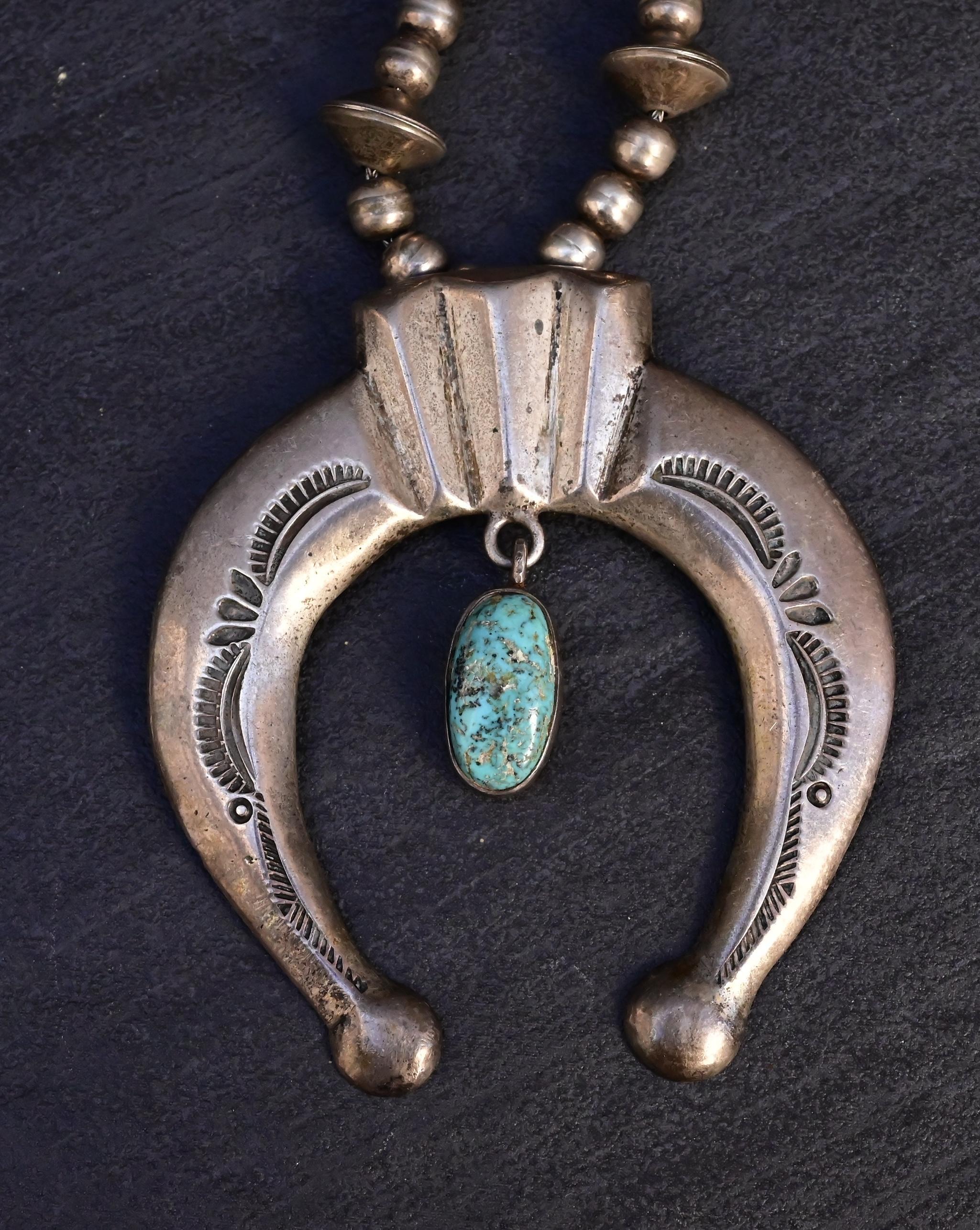 Tumbled Vintage Navajo Sterling Silver Naja Necklace with Turquoise – 80.28g For Sale