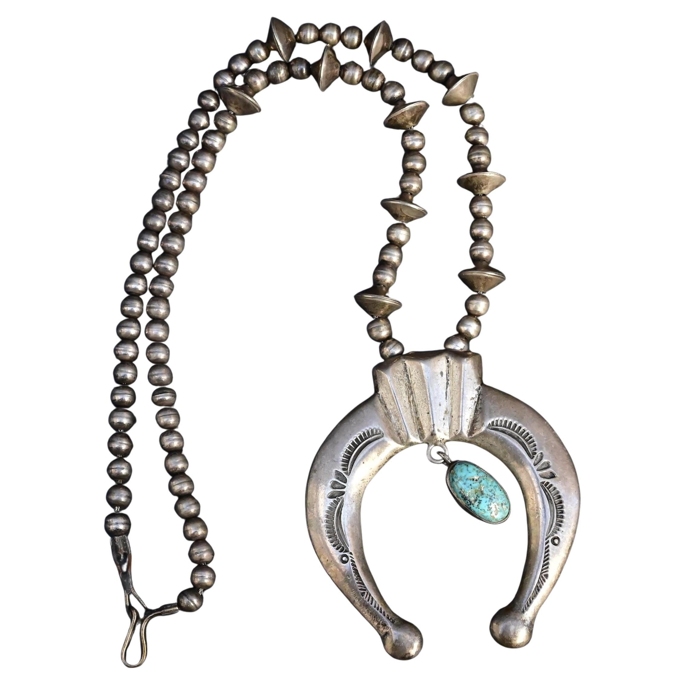Vintage Navajo Sterling Silver Naja Necklace with Turquoise – 80.28g