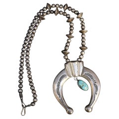 Vintage Navajo Sterling Silver Naja Necklace with Turquoise – 80.28g