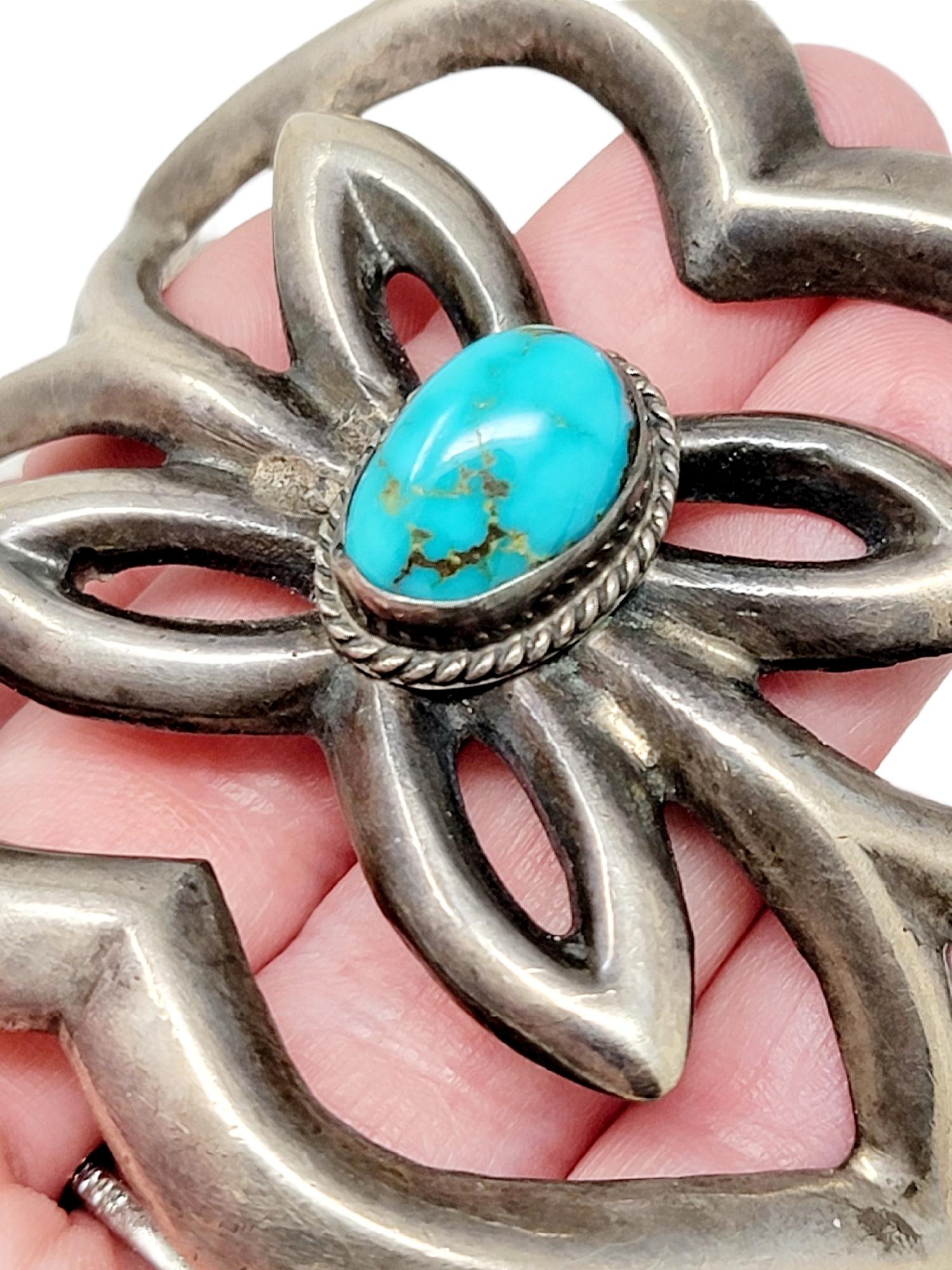 Native American Vintage Navajo Sterling Silver Sandcast Wide Cuff Bracelet Turquoise Butterfly For Sale
