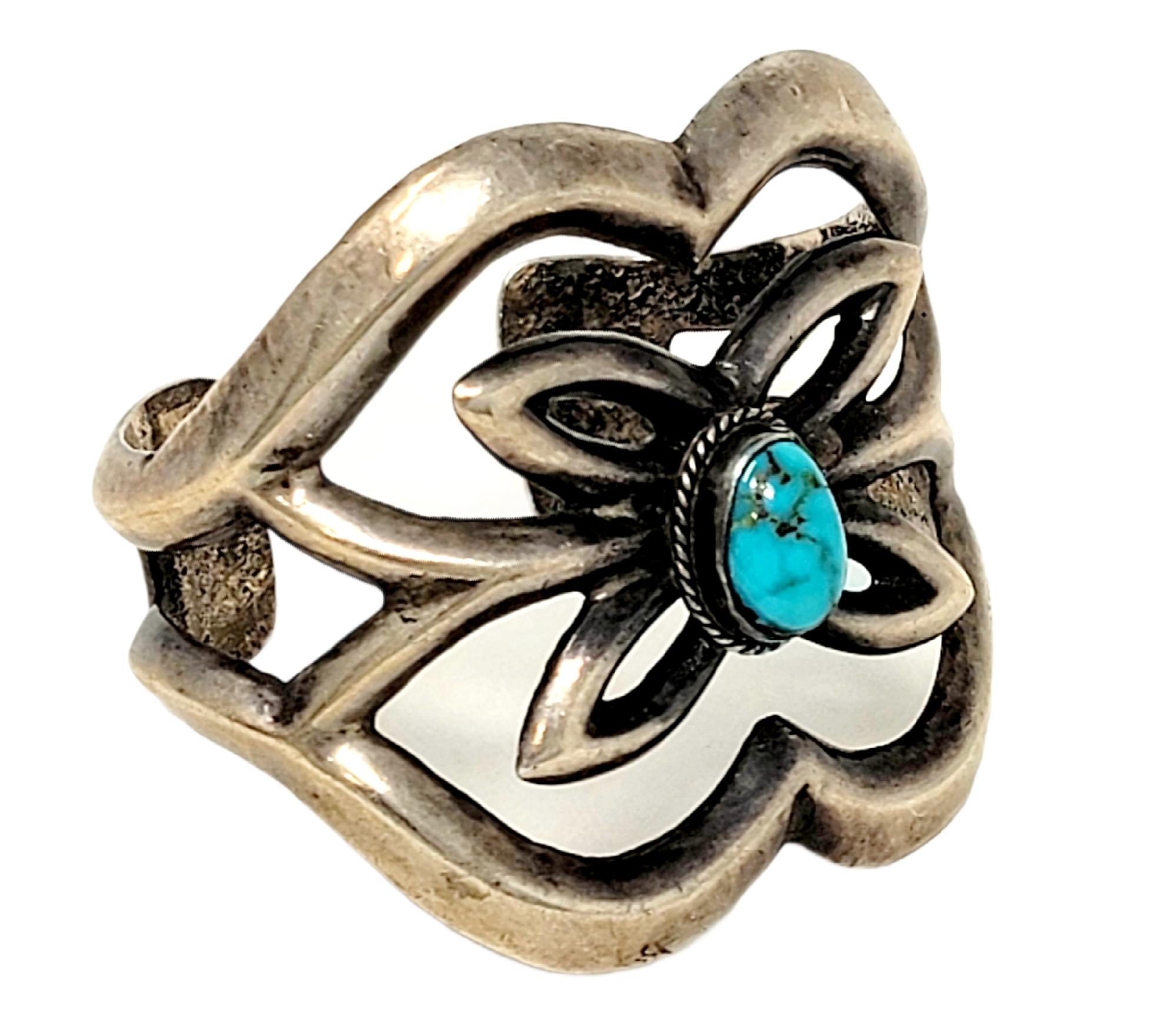 Cabochon Vintage Navajo Sterling Silver Sandcast Wide Cuff Bracelet Turquoise Butterfly For Sale