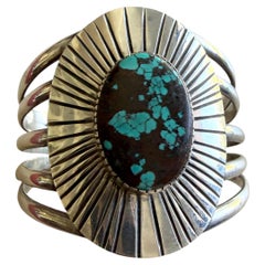 Vintage Navajo Sterling Silver Spiderweb Turquoise Fluted Cuff Bracelet