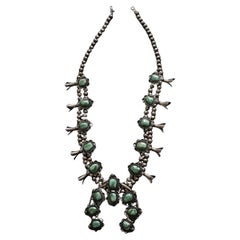 Vintage Navajo Sterling Silver Squash Blossom Necklace 191g Turquoise 25.5"