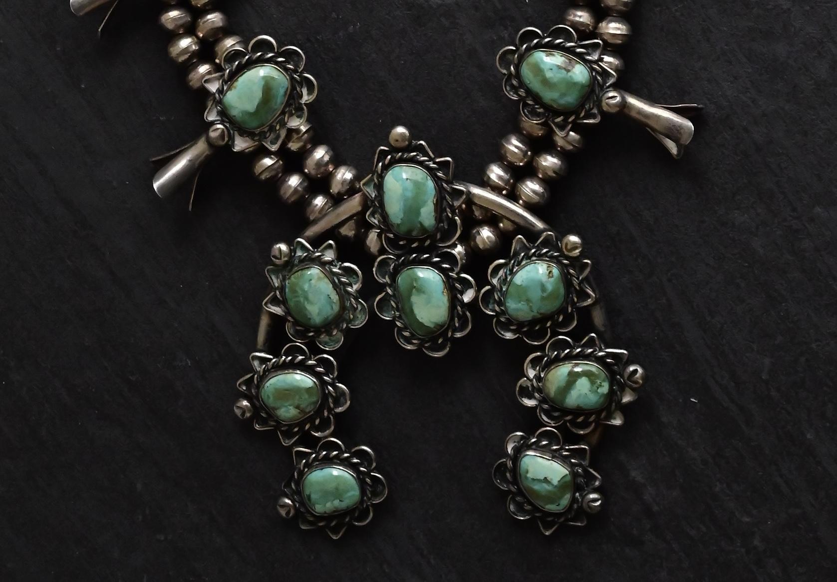 Grezzo Navajo d'epoca in argento Sterling Collana di fiori di zucca 191g Turchese 25,5