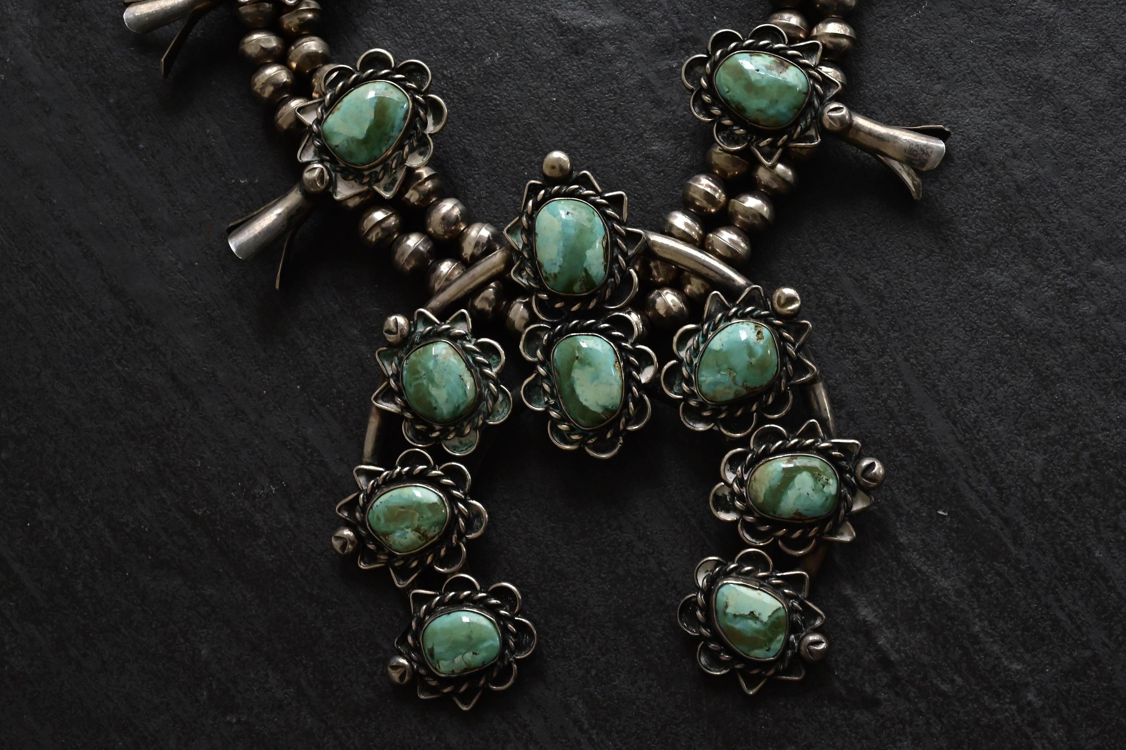 da uomo o donna Navajo d'epoca in argento Sterling Collana di fiori di zucca 191g Turchese 25,5