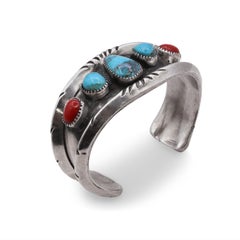 Vintage Navajo Sterling Silver Turquoise and Coral Cuff Bracelet