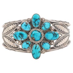 Vintage Navajo Sterling Silver Turquoise Cluster Cuff Bracelet