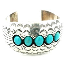 Vintage Navajo Sterling Silver Turquoise Cuff Bracelet Signed P. Benally