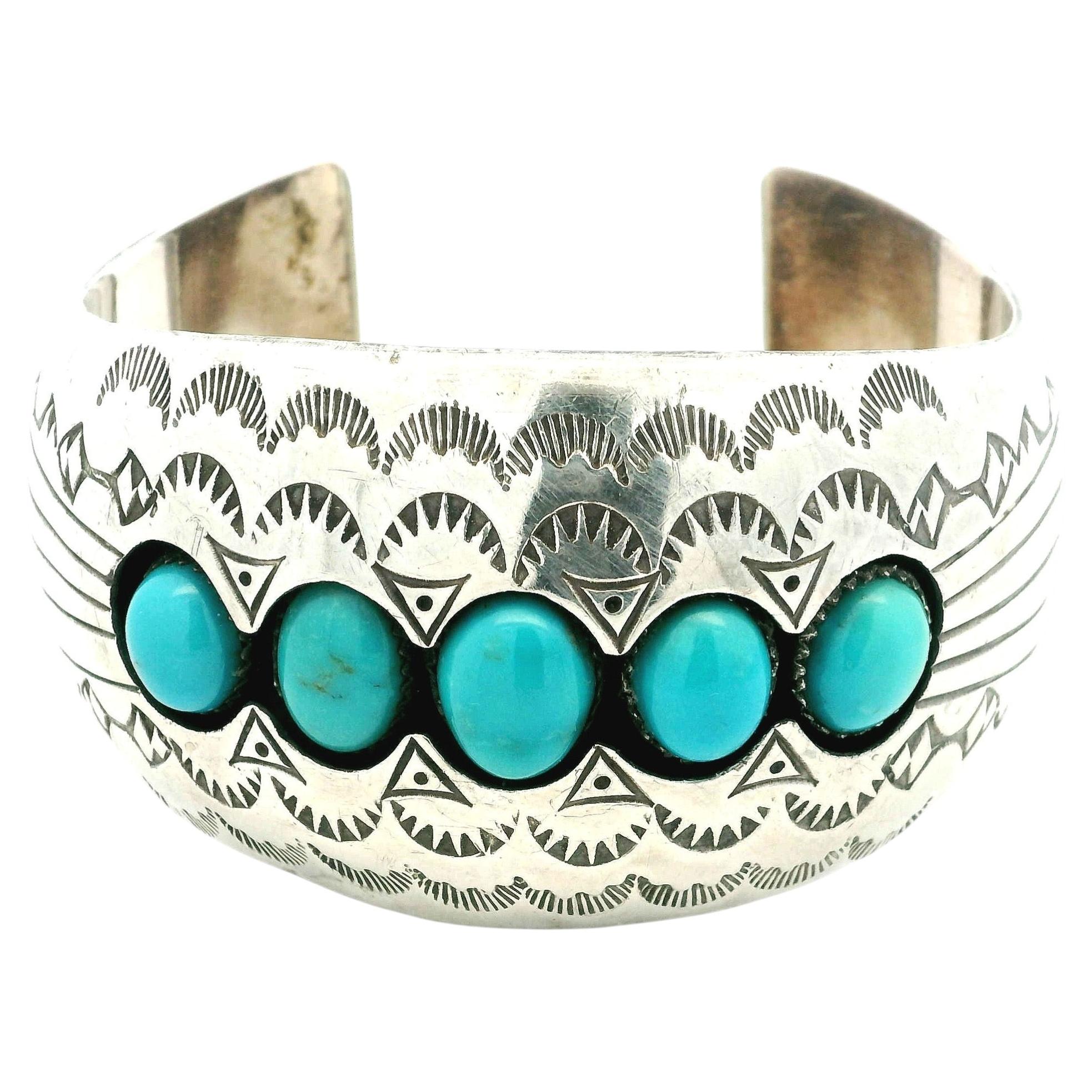 Vintage Navajo Sterling Silver Turquoise Cuff Bracelet Signed P. Benally