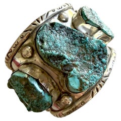 Brazalete vintage Navajo de plata de ley con turquesa a gran escala para hombre