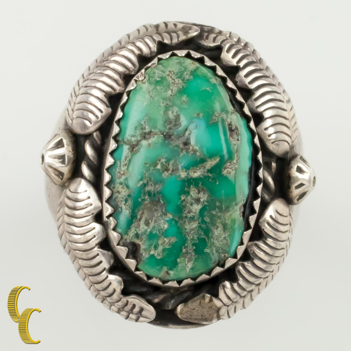 Native American Vintage Navajo Sterling Silver & Turquoise Leaf Ring, Size 10.75