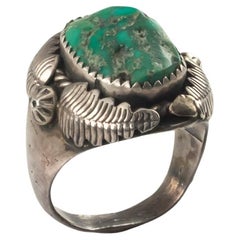 Vintage Navajo Sterling Silver & Turquoise Leaf Ring, Size 10.75