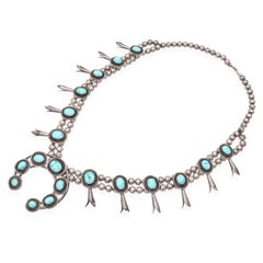 Vintage Navajo Sterling Silver Turquoise Squash Blossom Beaded Necklace